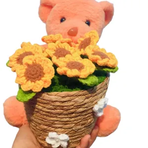 Handmade knitted crochet sunflower bear bouquet potted plant gift for birthday graduation.