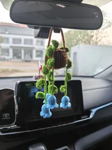 Handmade crochet car hanging plant rearview mirror decor blue bellflower knit potted plant pendant