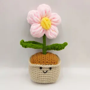 Handmade crochet potted flower cute pink bloom knitted plant decor for home desktop ornament