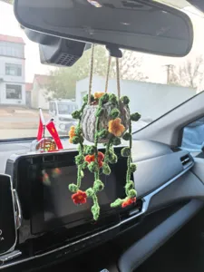 Handmade crochet car hanging plant rear view mirror decor knitted basket flower charm