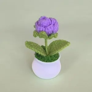 Handmade crochet purple rose flower potted plant closeup, perfect for desktop interior decor.