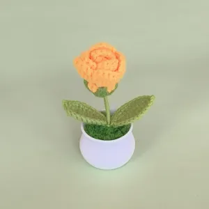 Handcrafted crochet rose flower potted plant detail view, perfect for desk decor and gifts.