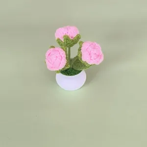 Handmade crochet pink rose potted plant home decor artificial flower gift desktop ornament