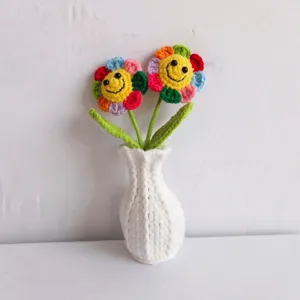 Handmade crochet colorful smiley flower potted plant cute wool knit flower vase home decor