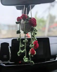 Handmade crochet rose potted plant car hanging ornament rearview mirror hanging basket decoration