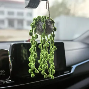 Handmade crochet car hanging plant cute string of pearls potted plant rear view mirror decor.