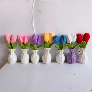 Handmade crochet tulip potted plant in vase, finished double head flower home decor gift.