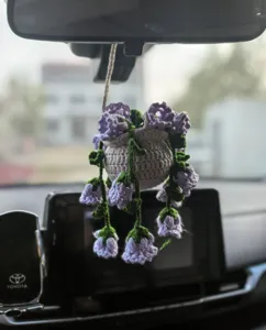 Handmade crochet potted flower pendant for car rearview mirror interior decoration