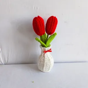 Handmade crochet tulip potted plant in white vase, cute home decor gift for new year.
