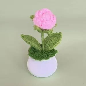 Handcrafted crochet pink rose potted plant cute yarn knitted flower table desktop decor gift