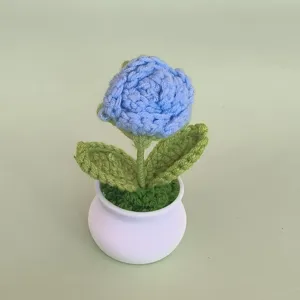 Handmade crochet blue rose potted plant, cute knitted flower decor for home desk gift.