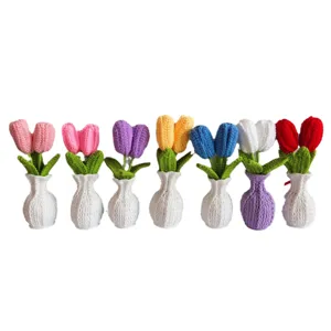 Handmade crochet tulip potted plant knitted flower vase home decor ornament gift.