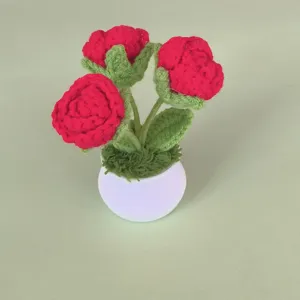 Handmade crochet rose potted plant home desktop decor gift crochet flower pot ornament.