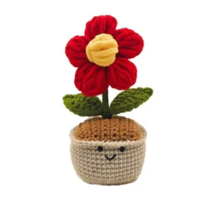 Handmade Crocheted Ice Strip Yarn Puff Flower Potted Plant Artificial Flower Bouquet Fresh Home Decor Tabletop Ornament