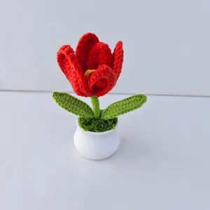 Handmade crochet red tulip potted plant decor cute yarn knitted flower home ornament gift