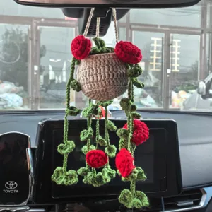 Handmade crochet car hanging ornament, cute potted plant rearview mirror decoration.