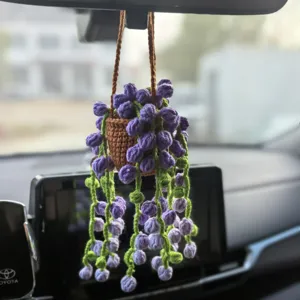 Handmade crochet potted plant car hanging ornament rearview mirror interior detail view