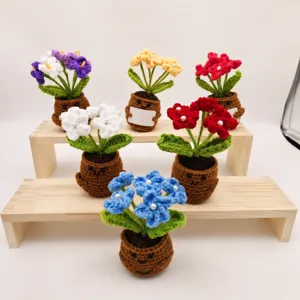 Handmade Knitted Crochet Potted Plant Cute Yarn Flower Pot Desk Decor Creative Floral Ornament Gift For Home Office
