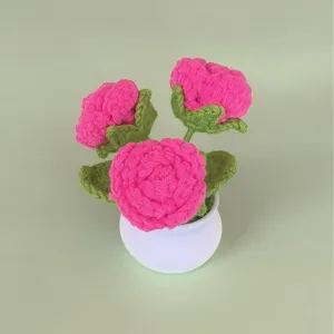 Handmade crochet rose potted plant miniature desk decor cute knitted flower pot gift