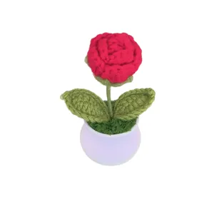 Handmade crochet red rose potted plant for home decor, beautiful wool gift for graduation.