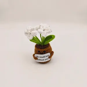 Detailed close-up view of handmade crochet potted plant with funny sign and cute knitted flowers.