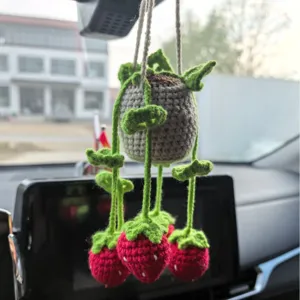 Handmade Crocheted Car Hanging Ornament Cute Knitted Flower Basket Rearview Mirror Decor Crochet Plant Potted Pendant