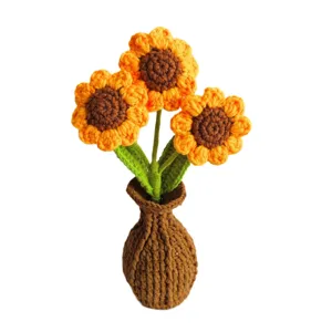 Handmade crochet sunflower bouquet with knitted vase wool flowers home decor gift.