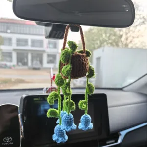 Handmade Crochet Car Hanging Plant Ornament Cute Knitted Floral Rearview Mirror Decor