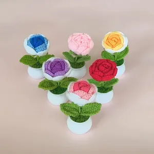 Handmade crochet rose potted plant detail view, colorful knitted flowers in white pots.