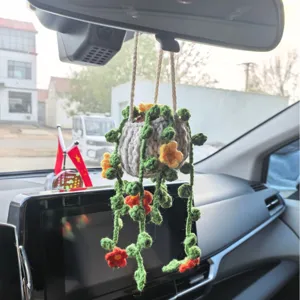 Handmade crochet car hanging plant, cute knitted flower basket rearview mirror ornament.