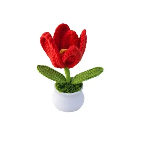 Handmade crochet tulip potted plant, cute knitted flower decor for home desk and gift.
