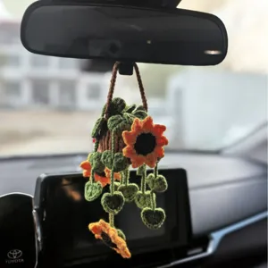 Handmade crochet sunflower car hanging ornament rearview mirror decor knitted plant basket