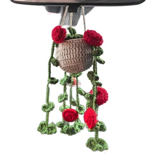 Handmade crochet car hanging basket with red roses and green vines rearview mirror decor cute