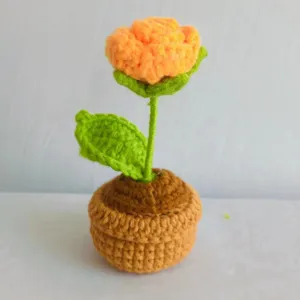 Handcrafted crochet yarn rose flower potted plant for home office car interior decoration cute