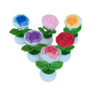 Handmade crochet rose potted plants set, cute knitted flower desktop decor gift.