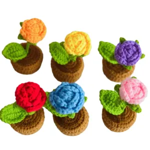 Handmade crochet rose potted plants set, cute knitted wool flower ornaments for home desk decor.