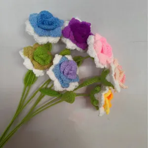 Handmade crochet rose flower bouquet, multicolored knitted wool flowers for Valentine's gift.