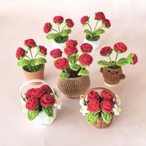 Handgefertigte gehäkelte Rosen Topfpflanze Wollstrick Blume Heimdekoration Ornament