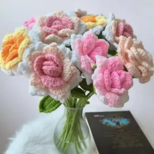 Handmade Knitted Wool Crochet Rose Flower Artificial Flower Bouquet Simulation Floral Home Decoration Gift