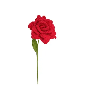 Handmade crochet red rose artificial flower for home decor gift, knit wool bouquet single stem.