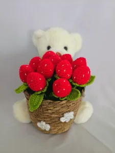 Handcrafted crochet strawberry bouquet detail, cute wool flower basket decoration gift.