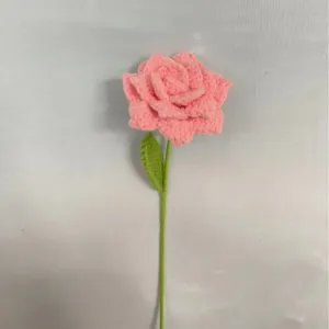 Handcrafted crochet pink rose flower bouquet simulation wool knitted gift for home decor