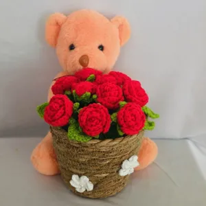 Handmade crochet rose bouquet with cute plush teddy bear basket gift for birthday and graduation.