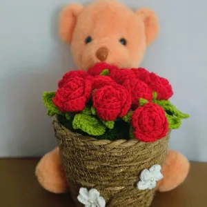 Handmade crochet teddy bear with red rose flower pot knit wool gift ornament decor home.