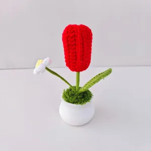 Handmade crochet tulip potted plant cute artificial flower home decor desktop gift.