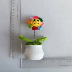 Handmade crochet colorful smiley face sunflower potted plant knitted desktop ornament home decor.