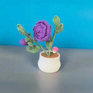 handmade crochet purple rose potted plant cute mini flower micro landscape home decor