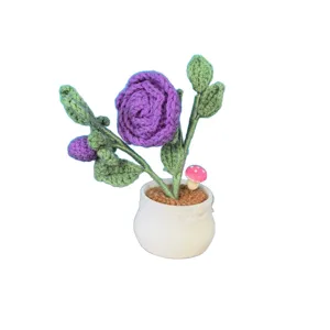 Handcrafted crochet purple rose potted plant with lace flower pot for home decor