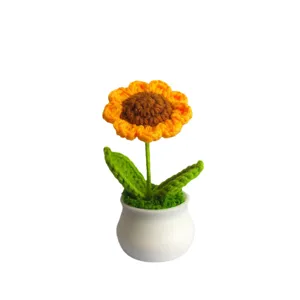 Handmade crochet sunflower potted plant, cute wool knitted flower home decor gift.