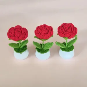 Handmade crochet rose potted plants, cute knit flowers for desktop and car decor gifts.